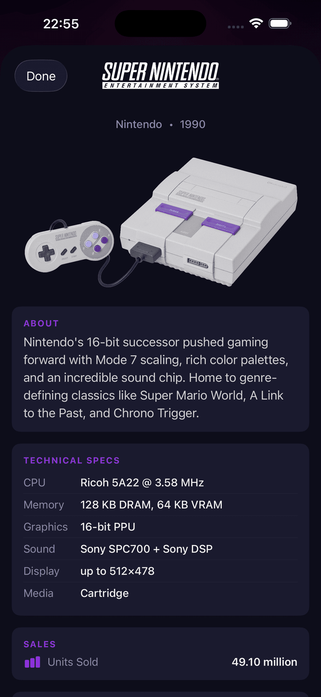 SNES console info