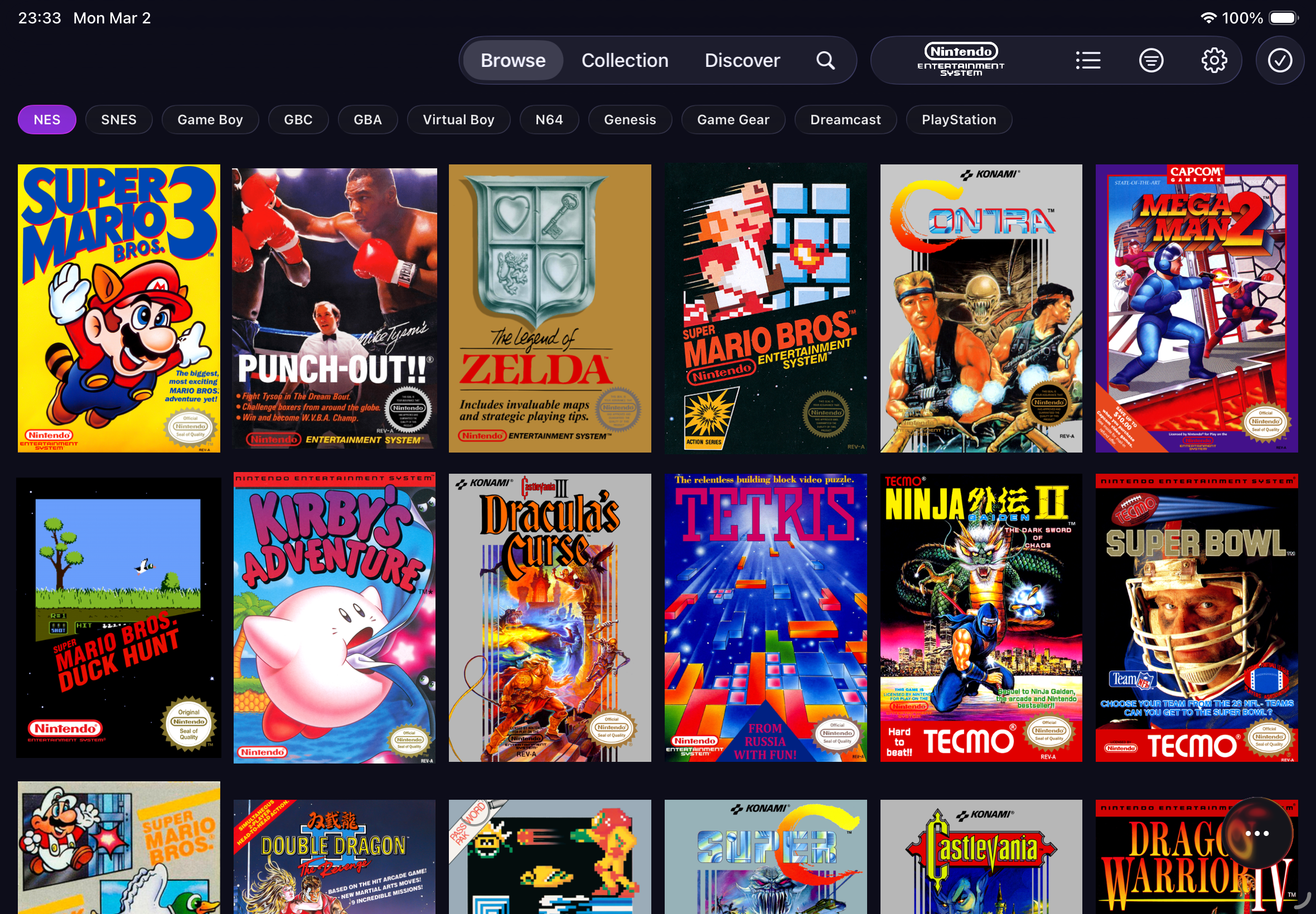 RetroDex on iPad showing NES game library